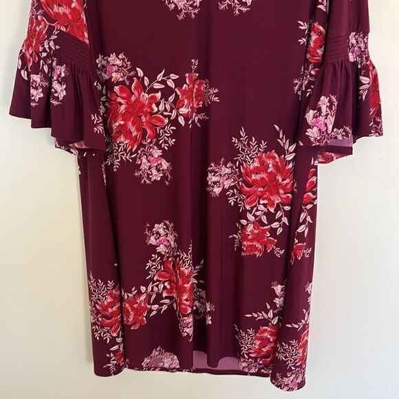 Women’s Plus size 2X gorgeous flutter sleeve maroon & pink floral dress NEW - Picture 5 of 15